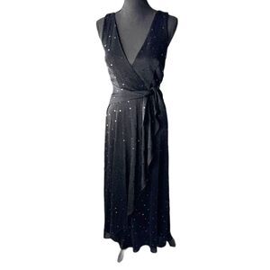 S Vintage Betsey Johnson Evening black faux-wrap dress sequins metallic (10336)